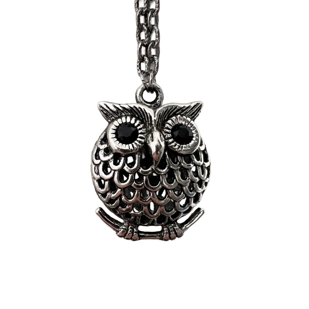 Puffy 3D Owl Pendant with Black Rhinestone Eyes Antique Silver Tone